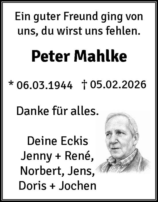 Traueranzeige von Peter Mahlke von Schleswig-Holsteinische Landeszeitung