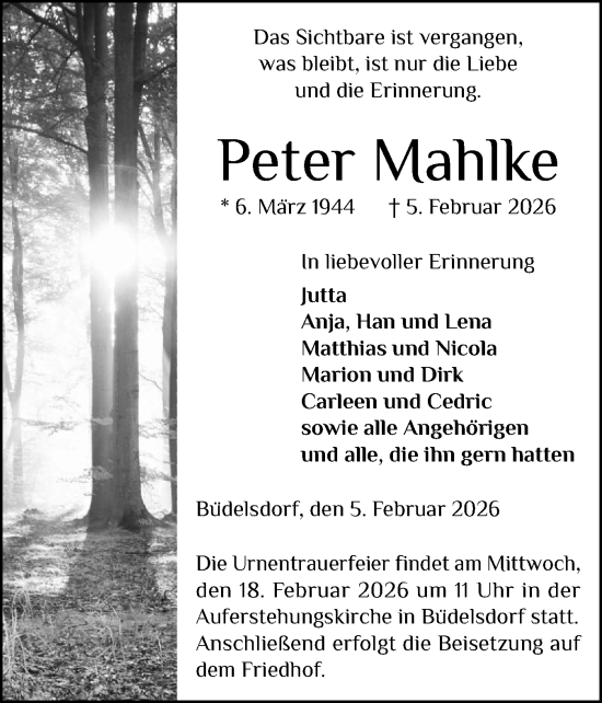 Traueranzeige von Peter Mahlke von Schleswig-Holsteinische Landeszeitung