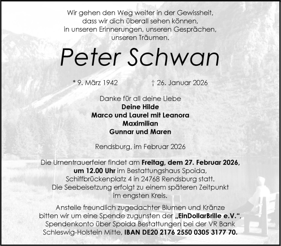 Traueranzeige von Peter Schwan von Schleswig-Holsteinische Landeszeitung