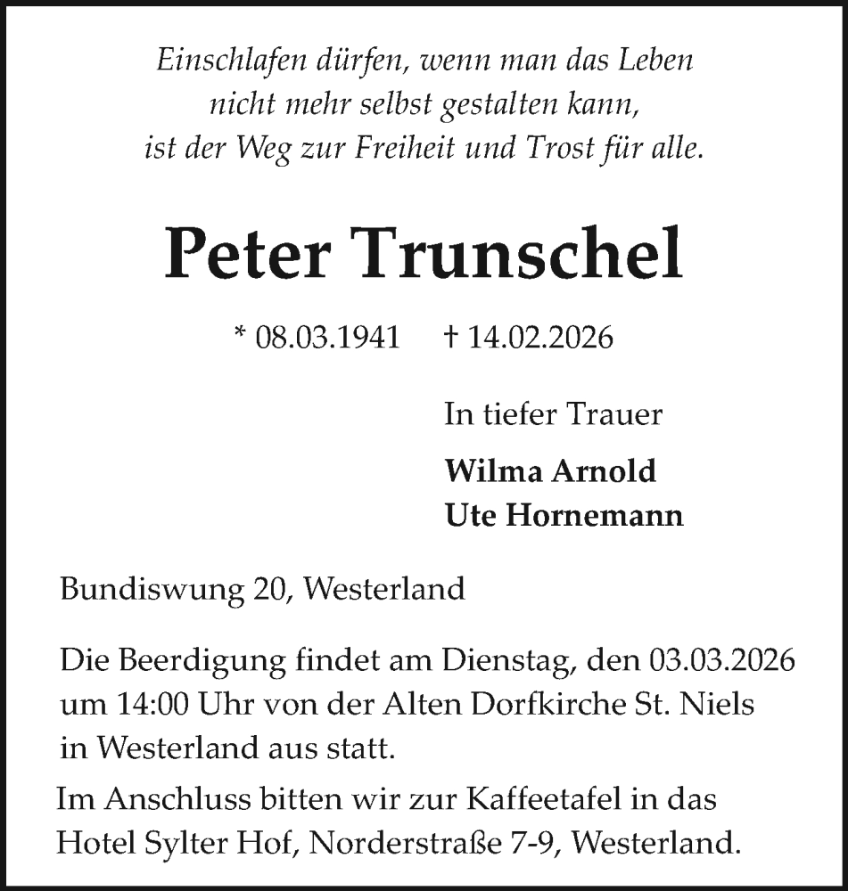  Traueranzeige für Peter Trunschel vom 24.02.2026 aus Sylter Rundschau