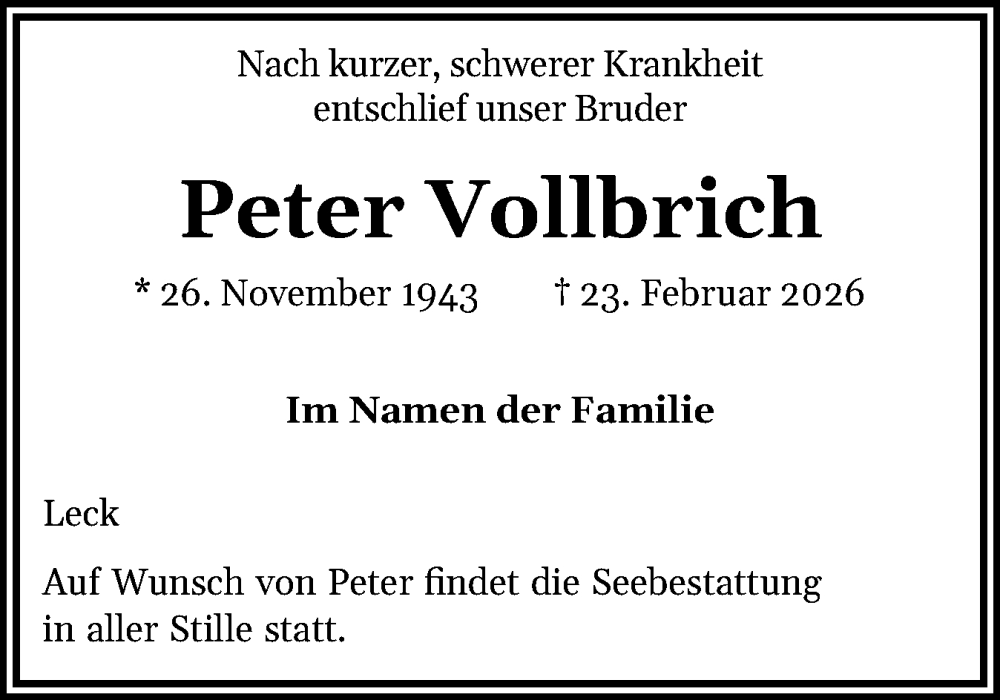  Traueranzeige für Peter Vollbrich vom 27.02.2026 aus Sylter Rundschau