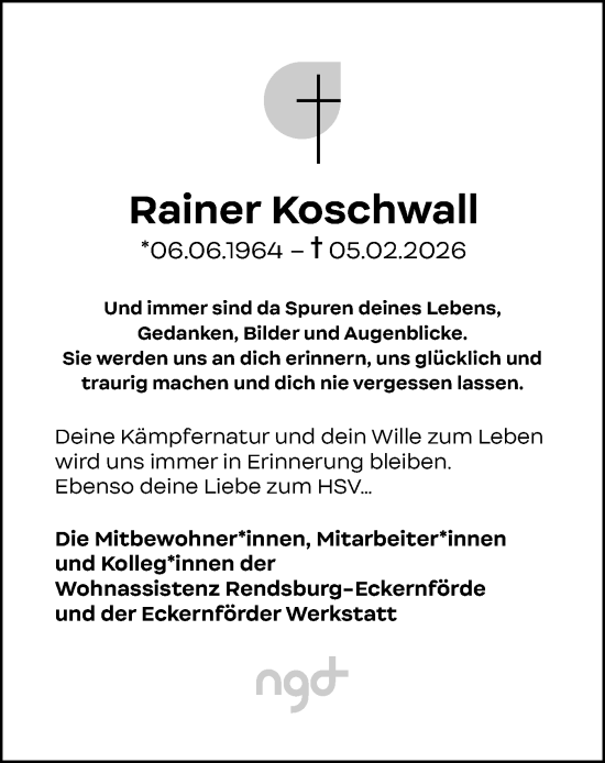Traueranzeige von Rainer Koschwall von Eckernförder Zeitung, Hallo Eckernförde