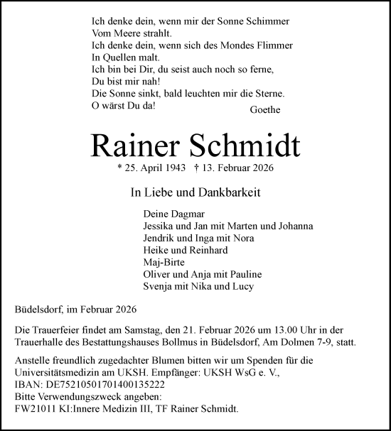 Traueranzeige von Rainer Schmidt von Schleswig-Holsteinische Landeszeitung