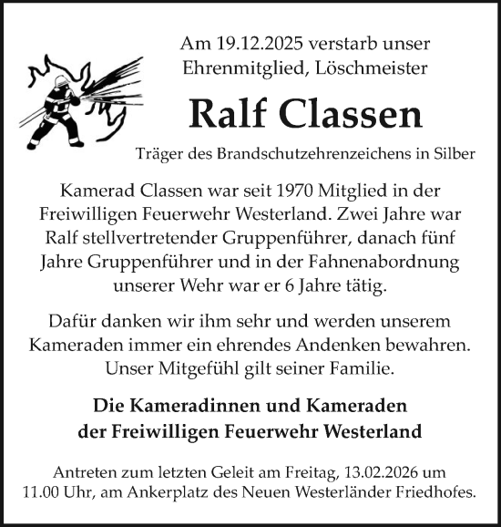 Traueranzeige von Ralf Classen von Sylter Rundschau