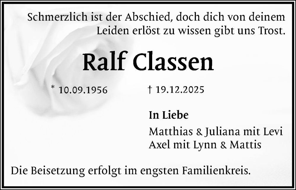  Traueranzeige für Ralf Classen vom 11.02.2026 aus Sylter Rundschau
