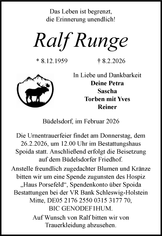  Traueranzeige für Ralf Runge vom 21.02.2026 aus Schleswig-Holsteinische Landeszeitung
