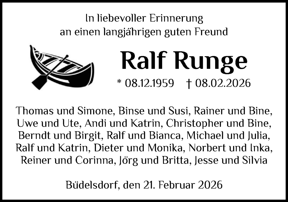  Traueranzeige für Ralf Runge vom 21.02.2026 aus Schleswig-Holsteinische Landeszeitung