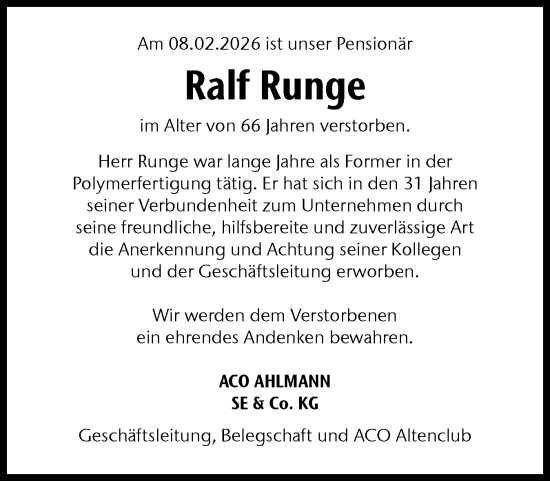 Traueranzeige von Ralf Runge von Schleswig-Holsteinische Landeszeitung