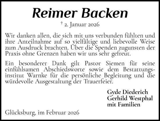 Traueranzeige von Reimer Backen von Flensburger Tageblatt