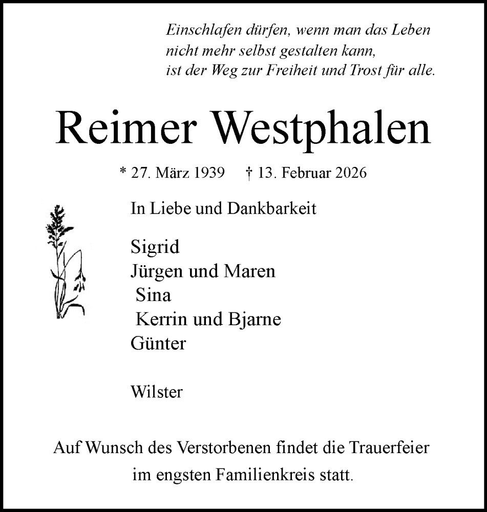  Traueranzeige für Reimer Westphalen vom 21.02.2026 aus Norddeutsche Rundschau, Wilstersche Zeitung, Glückstädter Fortuna