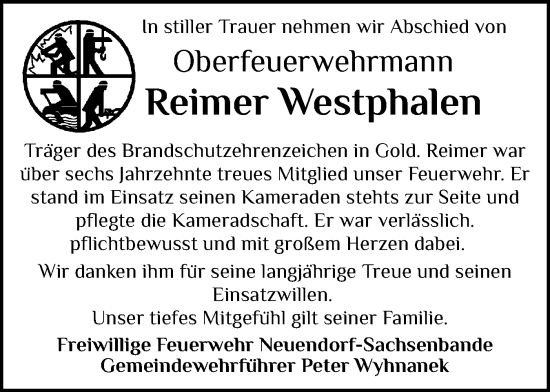 Traueranzeige von Reimer Westphalen von Norddeutsche Rundschau, Wilstersche Zeitung, Glückstädter Fortuna