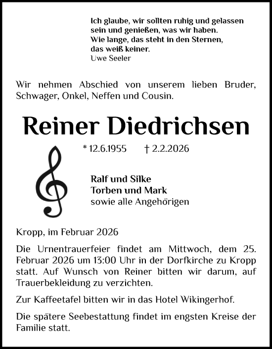 Traueranzeige von Reiner Diedrichsen von Schleswiger Nachrichten, Schlei-Bote, Eckernförder Zeitung