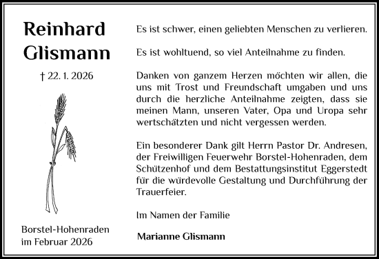 Traueranzeige von Reinhard Glismann von Region Pinneberg und tip Pinneberg