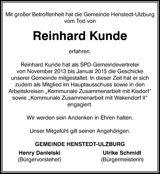 Traueranzeige von Reinhard Kunde von Umschau