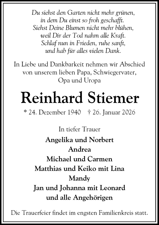 Traueranzeige von Reinhard Stiemer von Heimatspiegel