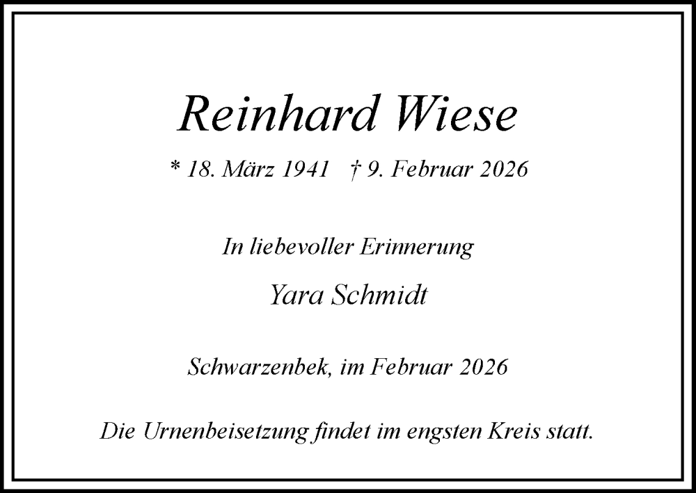  Traueranzeige für Reinhard Wiese vom 21.02.2026 aus Wochenend Anzeiger