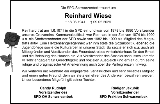 Traueranzeige von Reinhard Wiese von Wochenend Anzeiger