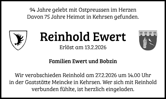 Traueranzeige von Reinhold Ewert von MARKT Ratzeburg/Mölln