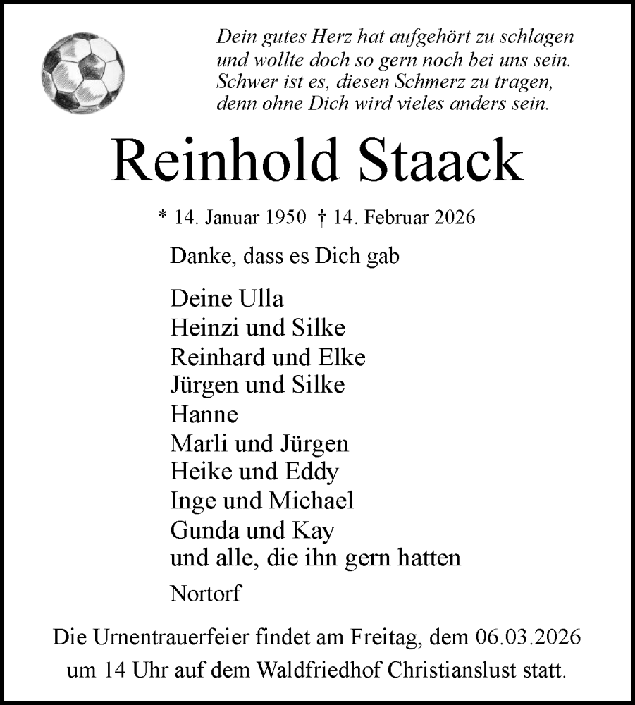  Traueranzeige für Reinhold Staack vom 21.02.2026 aus Norddeutsche Rundschau, Wilstersche Zeitung, Glückstädter Fortuna