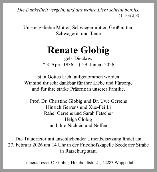 Traueranzeige von Renate Globig von MARKT Ratzeburg/Mölln