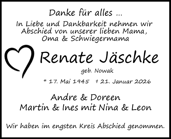 Traueranzeige von Renate Jäschke von Uetersener Nachrichten, Der tip am Wochenende