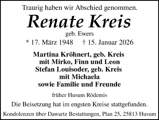 Traueranzeige von Renate Kreis von Husumer Nachrichten, Nordfriesland Tageblatt