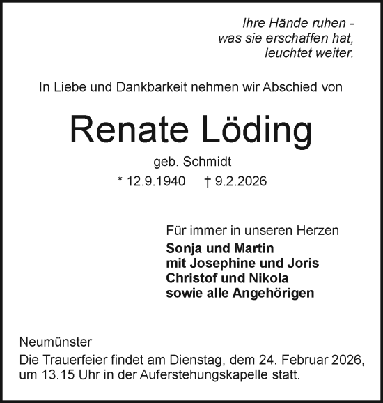 Traueranzeige von Renate Löding von Holsteinischer Courier