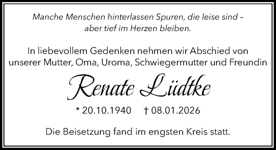 Traueranzeige von Renate Lüdtke von Wochenend Anzeiger
