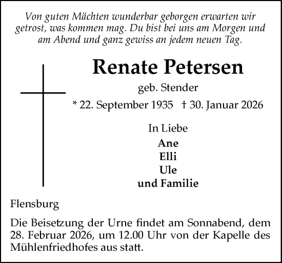 Traueranzeige von Renate Petersen von Flensburger Tageblatt