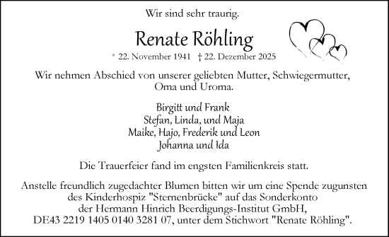 Traueranzeige von Renate Röhling von Uetersener Nachrichten, Der tip am Wochenende