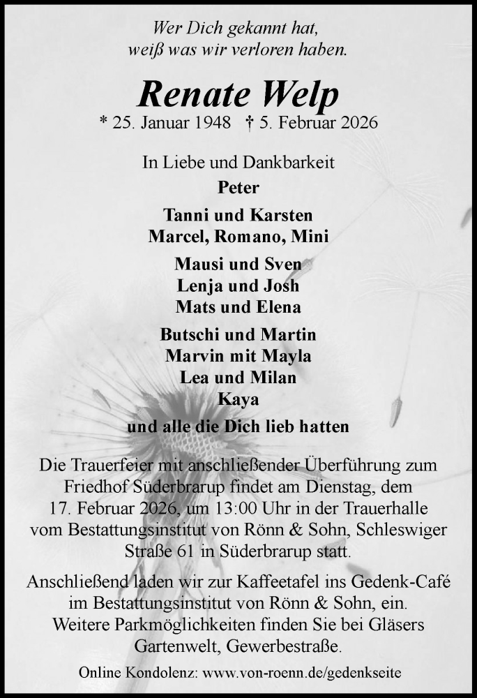  Traueranzeige für Renate Welp vom 14.02.2026 aus Schleswiger Nachrichten, Schlei-Bote