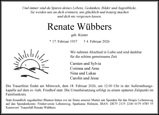 Traueranzeige von Renate Wübbers von MARKT Bad Oldesloe/Reinfeld und Stormarner Tageblatt