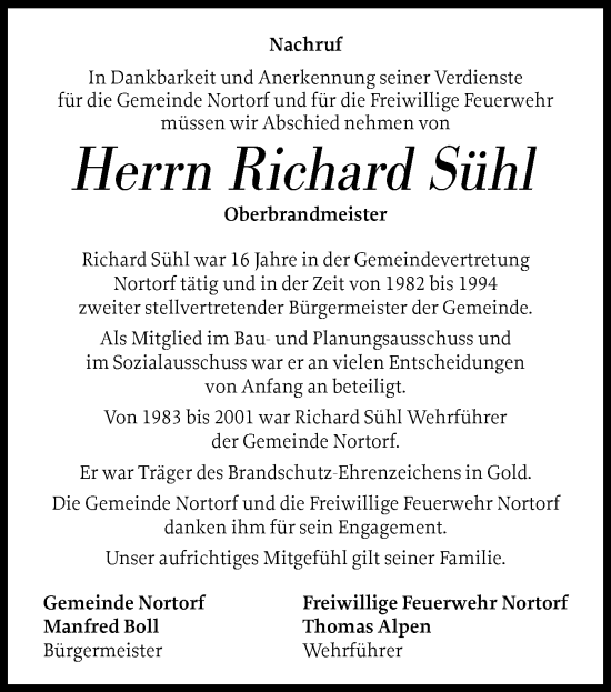 Traueranzeige von Richard Sühl von Norddeutsche Rundschau, Wilstersche Zeitung, Glückstädter Fortuna