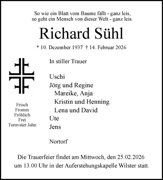 Traueranzeige von Richard Sühl von Norddeutsche Rundschau, Wilstersche Zeitung, Glückstädter Fortuna