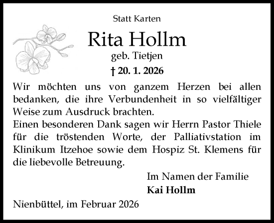 Traueranzeige von Rita Hollm von Norddeutsche Rundschau, Wilstersche Zeitung, Glückstädter Fortuna