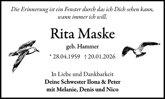Traueranzeige von Rita Maske von MARKT Ratzeburg/Mölln