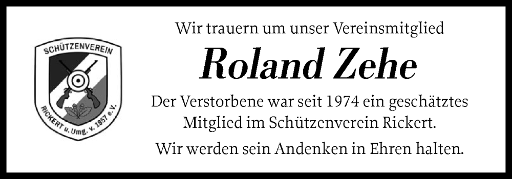  Traueranzeige für Roland Zehe vom 04.02.2026 aus Schleswig-Holsteinische Landeszeitung