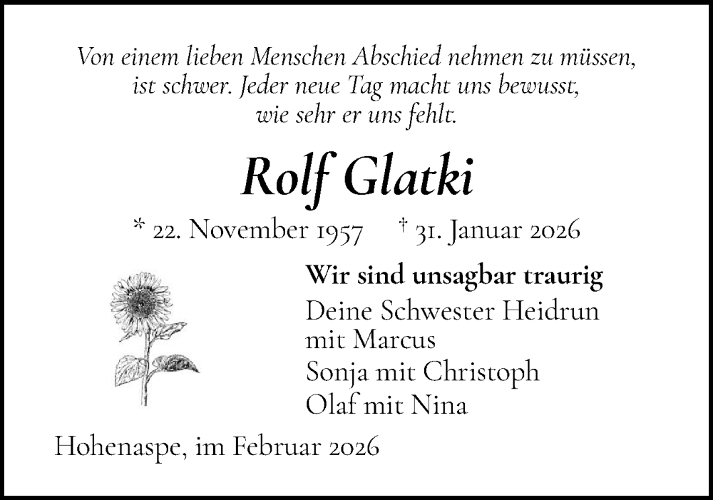  Traueranzeige für Rolf Glatki vom 07.02.2026 aus Norddeutsche Rundschau, Wilstersche Zeitung, Glückstädter Fortuna