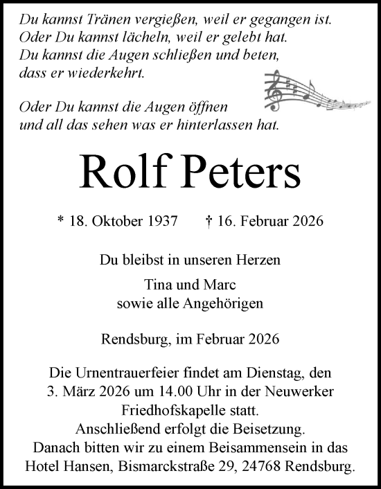 Traueranzeige von Rolf Peters von Schleswig-Holsteinische Landeszeitung