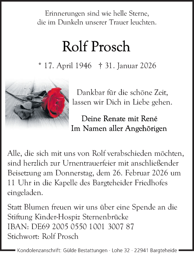  Traueranzeige für Rolf Prosch vom 14.02.2026 aus MARKT Ahrensburg/Bargteheide/Trittau und Stormarner Tageblatt