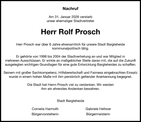 Traueranzeige von Rolf Prosch von MARKT Ahrensburg/Bargteheide/Trittau und Stormarner Tageblatt