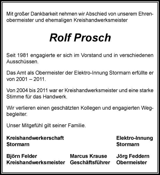 Traueranzeige von Rolf Prosch von MARKT Bad Oldesloe/Reinfeld und Stormarner Tageblatt