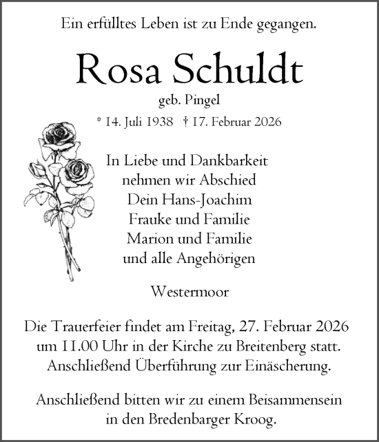 Traueranzeige von Rosa Schuldt von Norddeutsche Rundschau, Wilstersche Zeitung, Glückstädter Fortuna