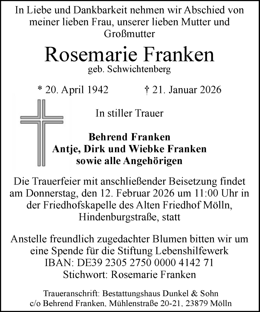  Traueranzeige für Rosemarie Franken vom 07.02.2026 aus MARKT Ratzeburg/Mölln