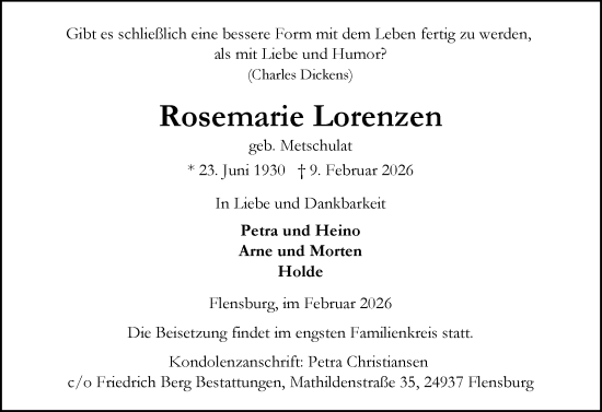 Traueranzeige von Rosemarie Lorenzen von Flensburger Tageblatt