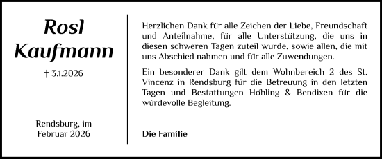 Traueranzeige von Rosl Kaufmann von Schleswig-Holsteinische Landeszeitung