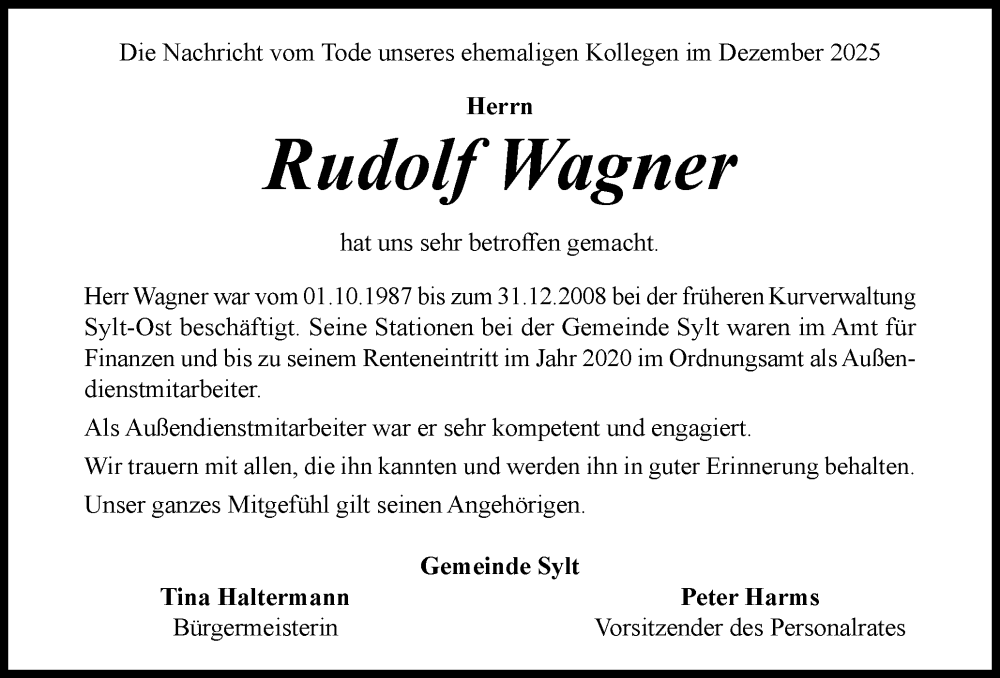  Traueranzeige für Rudolf Wagner vom 06.02.2026 aus Sylter Rundschau