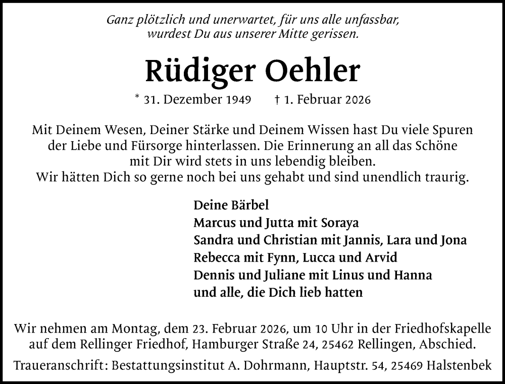  Traueranzeige für Rüdiger Oehler vom 14.02.2026 aus Region Pinneberg und tip Pinneberg