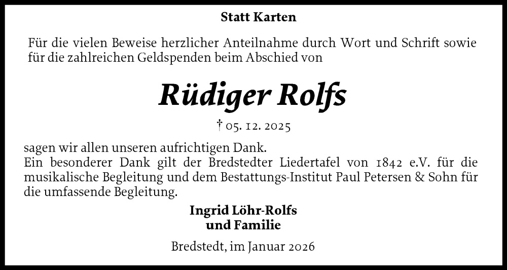  Traueranzeige für Rüdiger Rolfs vom 24.01.2026 aus Husumer Nachrichten, Nordfriesland Tageblatt