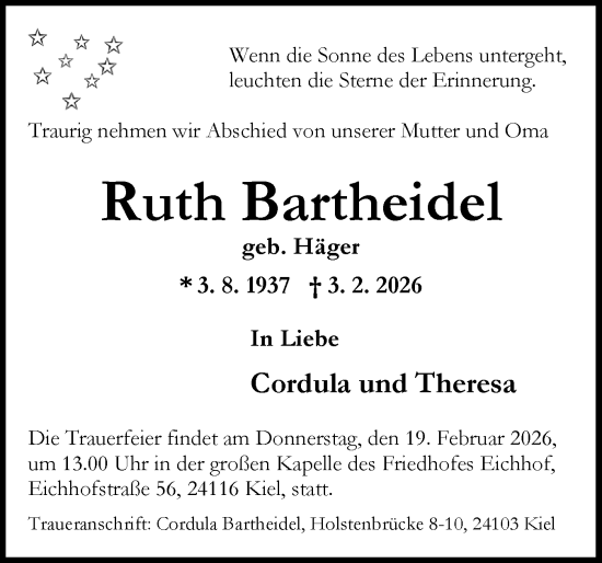 Traueranzeige von Ruth Bartheidel von Schleswiger Nachrichten, Schlei-Bote
